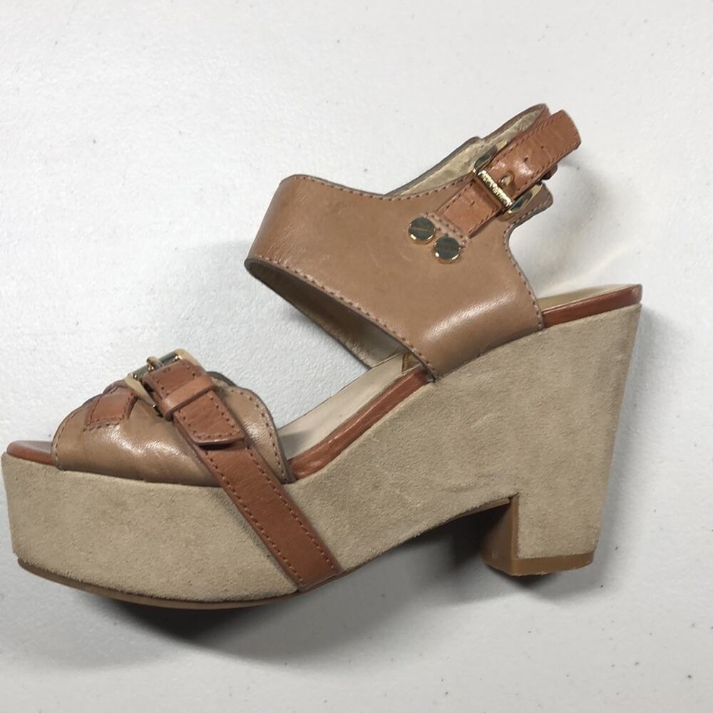 Michael Kors Sandals Women 5.5 MK Tan Suede Leather Strappy Chunky Platform Heel - Picture 6 of 7